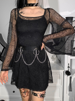 InsDoit Women Gothic Lace Mesh Black Dress Two-Piece Spider Web Flare Sleeve See Through Aesthetic Dress Elegant Partywear Dress 3