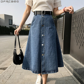 New High Waist Denim Skirt Streetwear A-Line Long Skirts For Women Big Swing Single-Breasted Belt Saia Jeans Blue Black Faldas 1