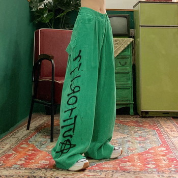 Street hip hop retro corduroy letter print loose big legs dad pants men and women trend Trousers 1