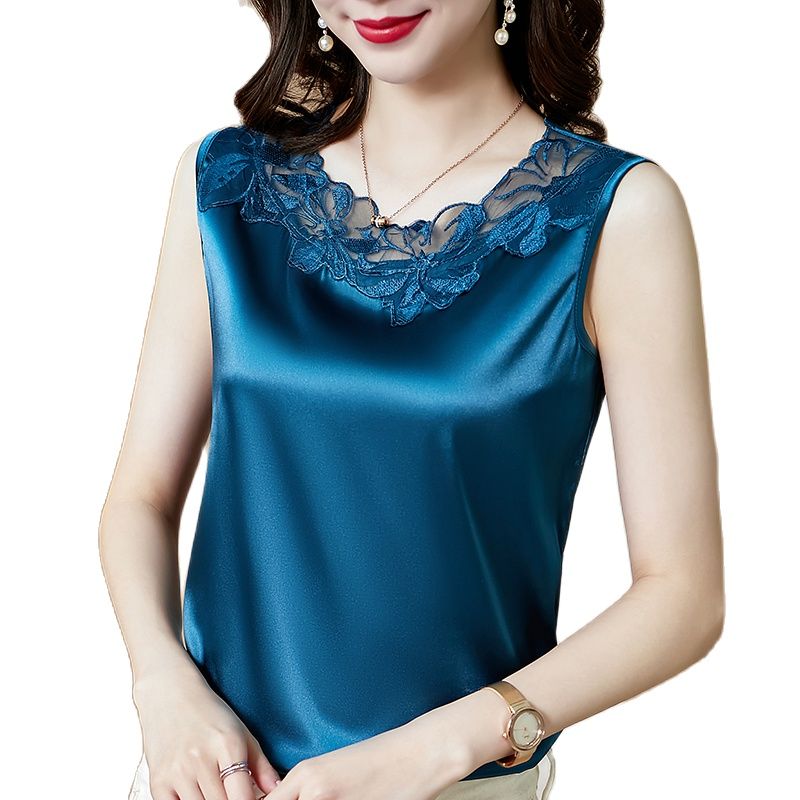 Summer Korean Fashion Silk Tank Top Women Satin Office Lady Tank Top Mesh Lace Solid Black Cami Top Loose for Women 1