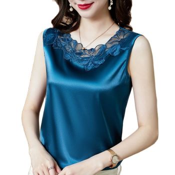 Summer Korean Fashion Silk Tank Top Women Satin Office Lady Tank Top Mesh Lace Solid Black Cami Top Loose for Women 1