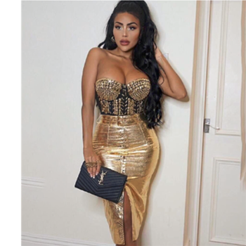 Top Quality Strapless Gold Leather Knee Length Sexy Fashion Dress Cocktail Party Bodycon Dress 1