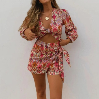 TRAF Women Sets Print Skirt Shorts Woman Floral Top Female Long Sleeve Knot Crop Top Summer Suits Vintage High Waist Shorts 1