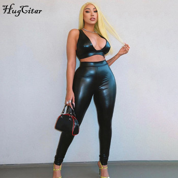 Hugcitar 2020 Sleeveless Solid Pu Leather Backless Bra Top Leggings 2 Pieces Set Autumn Winter Women Sexy Streetwear Tracksuit 2