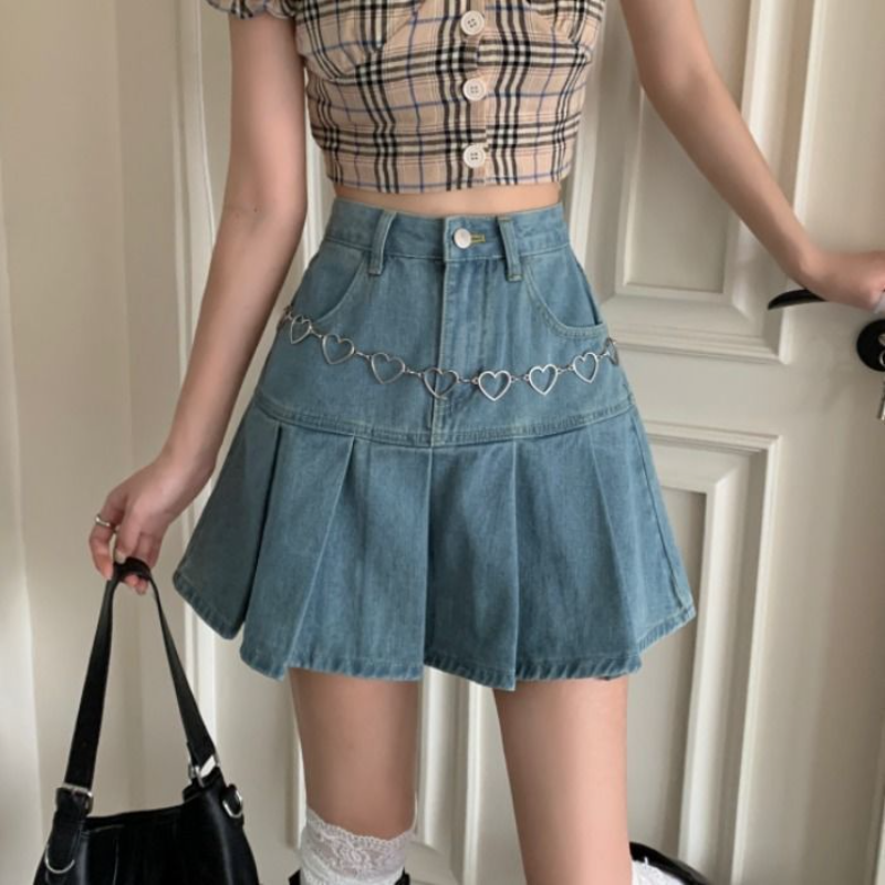 Casual Denim Mini Skirt Women Summer 2021 High-Waiste Harajuku Y2k Pleated Skirt Blue Japanese Korean Style Fashion Clothing New 1