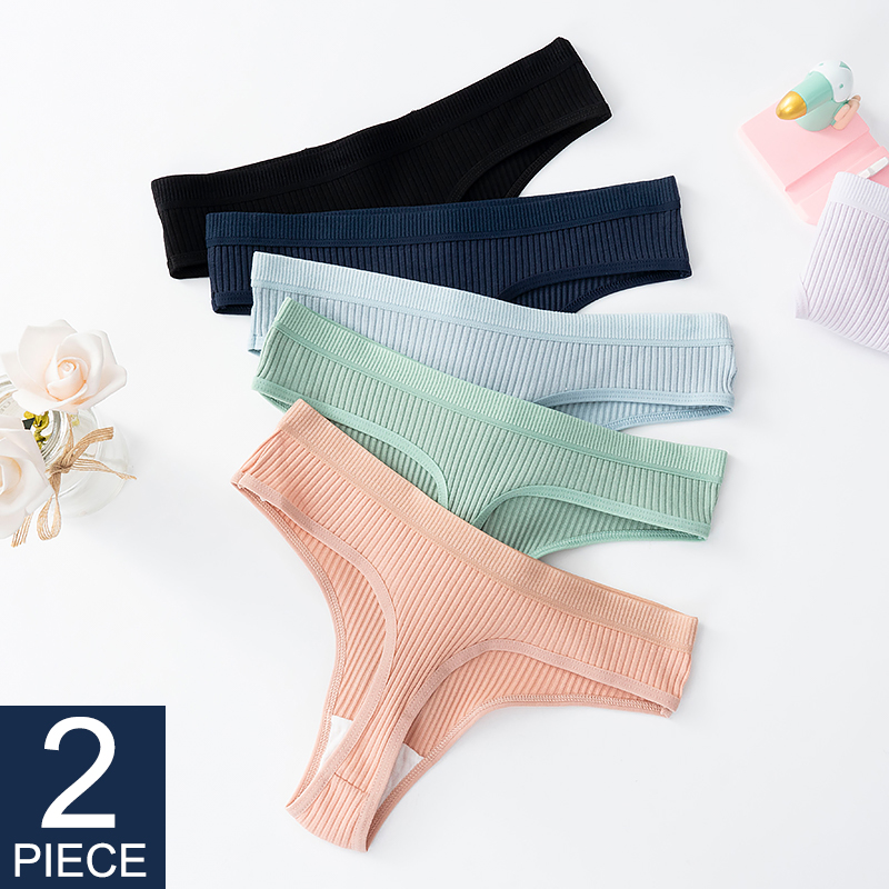 2Pcs Female Sexy Thong Womens Cotton Panties Low Waist Thongs Striped Solid Underpants Comfortable G-String Intimate Lingerie 1