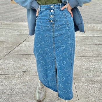 B-TOTO American Retro Blue Love Straight Denim Skirt Female Tide Ins Summer Skirt High Waist A-line Skirt 2021 New Fashion 3