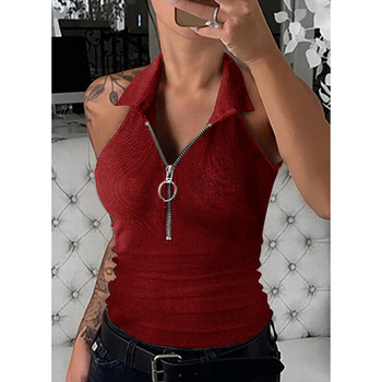 Tank Top Women  Sexy Vest Summer Zipper Large V-neck Sleeveless Shirt Vest Classic Solid Color Casual Slim Lapel Top 3