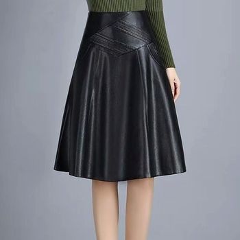 PU Leather Skirt Women's A- line Large-Size Knee-Length High-Waist Pleated Skirt Woman Skirts Mujer Faldas Saias Mulher 1
