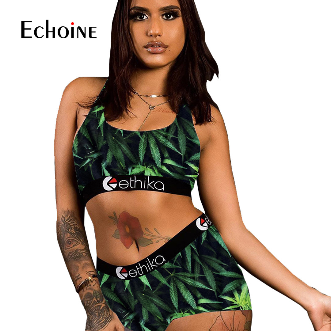 Echoine 2021 Women Sexy Print Swimsuit Sports Bikini Crop Tank Tops Shorts Fitness Two Piece Set Yoga Suit Beachwear Tracksuits 2