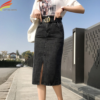 New 2021 Summer High Elastic Waist Women Long Denim Skirt With Belt Blue Black Slit A Line Jeans Skirts Streetwear Saia Jeans 1