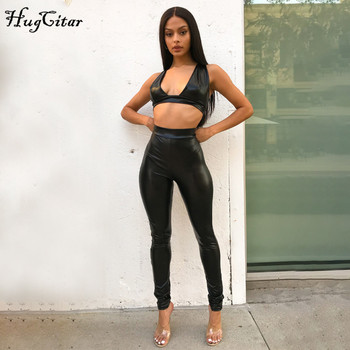 Hugcitar 2020 Sleeveless Solid Pu Leather Backless Bra Top Leggings 2 Pieces Set Autumn Winter Women Sexy Streetwear Tracksuit 4