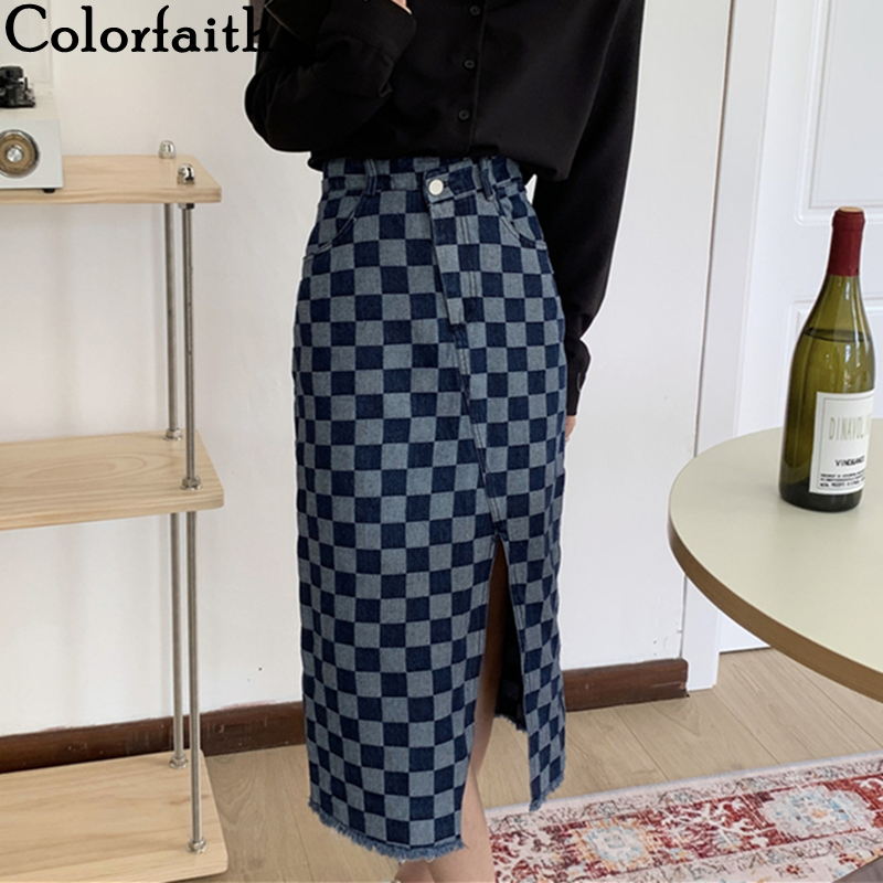 Colorfaith New 2022 Denim Straight Checkerboard Sexy Checkered Chic Vintage Split Wild Spring Summer Women Long Skirts SK6122 1