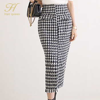 H Han Queen Women Winter Bodycon Skirt Houndstooth High Waist Skirts Sexy Elegant Korean Chic Office Lady Split Casual Skirt New 1