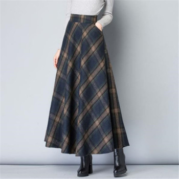 Mom High Waist Woolen plaid Skirts 2019 Autumn Winter Women's Plus Size Wool Maxi Skirts Female Fashion Casual Long Streetwear 1
