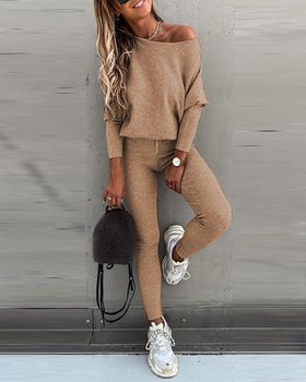 Ladies Long sleeve 2 Pieces Sets Women Fashion Solid Outfits Spring Autumn Sets Slash Neck Suits Streetwear Joggers Tracksuit 14
