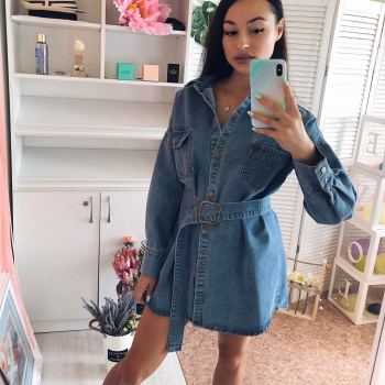 Waist Slimming Strappy Long Sleeves Denim Dress  1