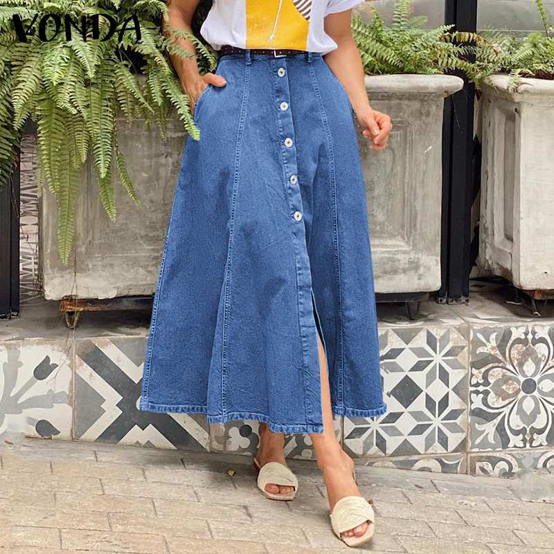 Denim Skirt 2022 VONDA Elegant Women High Waist A-line Skirt Female Button Up Denim Long Skirts Faldas De Mujer Oversized 1