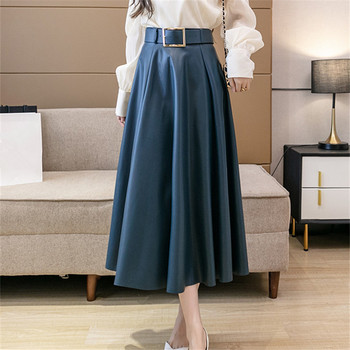 REALEFT 2021 New Autumn Winter PU Leather mi-long Women's Skirts with Belted High Waist  A-line Skirt Mid-calf Umbrella Skirts 5