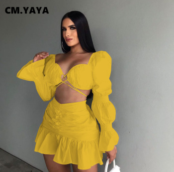 CM.YAYA Women Two 2 Piece Set Outfits Elegant Lantern Sleeve Crop Tops and Ruffles Mermaid Mini Skirts Suit Matching Set Autumn 2
