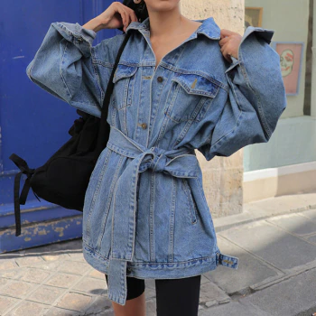 Sashes Lace Up Outerwear High Street Fashionable Blue Long Jeans Jackets 2