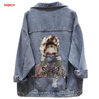 Printed Frayed Beading Denim Jacket Loose  1
