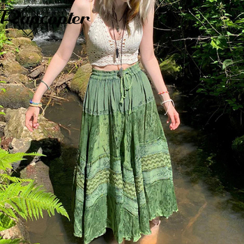 Rapcopter y2k Printed Green Long Skirts Retro Kawaii Lace Up Pleated Skirts Grunge Fairycore Boho Beach Holiday Skirt Women Chic 1