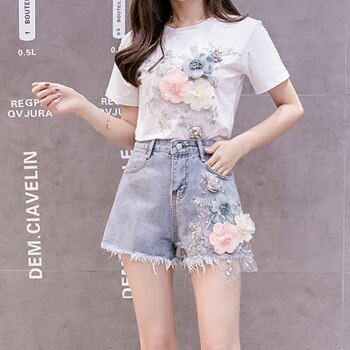 Embroidery 3D Flower T-shirt + Denim Shorts Sets 3