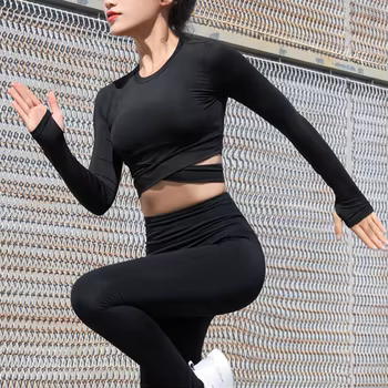 Crop Tops Women Yoga T-shirts Solid Sports Top Long Sleeve Running Shirts Sexy Exposed Navel Quick Dry Fitness Gym Sport Wear 25