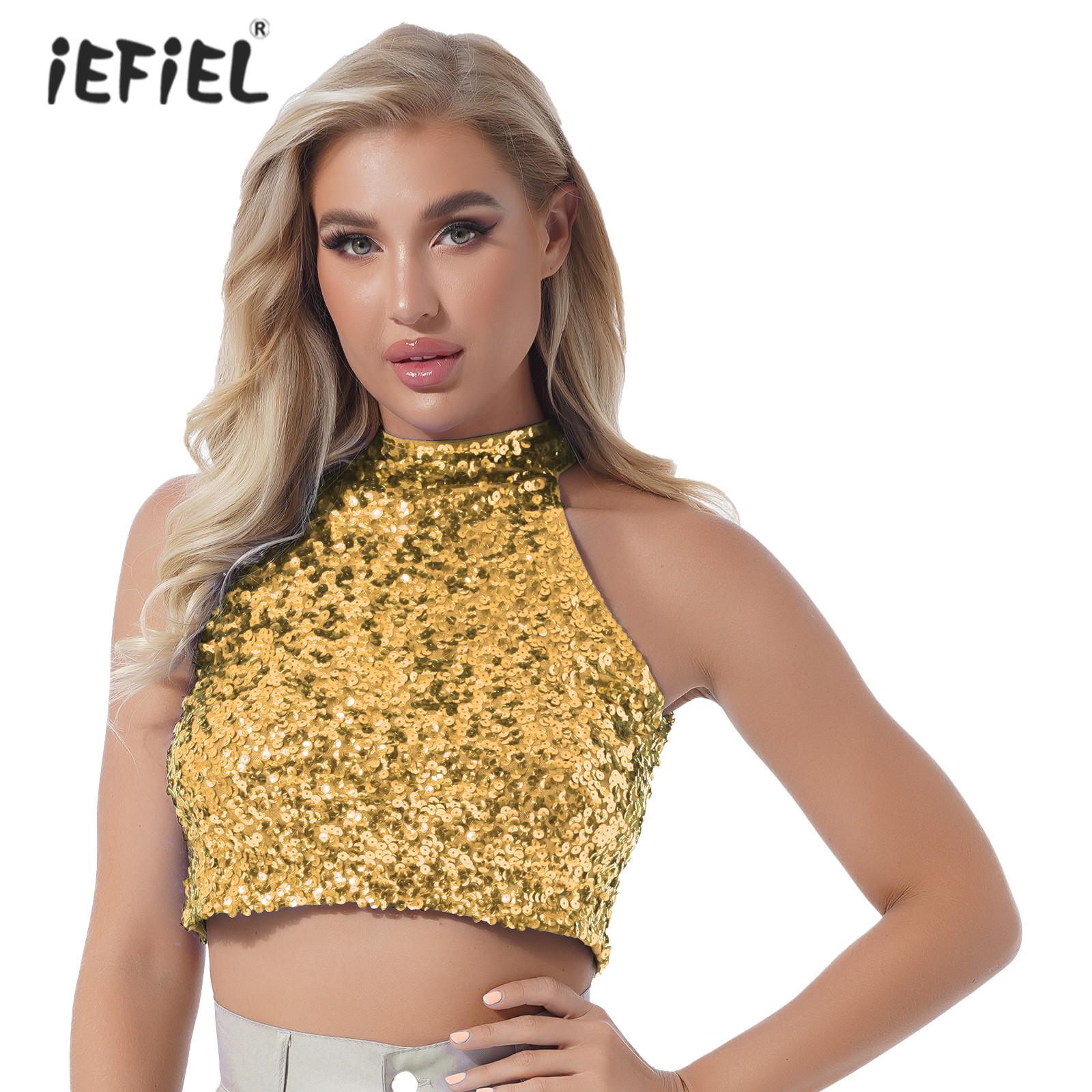 Ladies Glitter Sequin Crop Top Sleeveless Mock Neck Fashion Vest Top Womens Sparkling T-shirt Dance Performance Nightclub Outfit 1