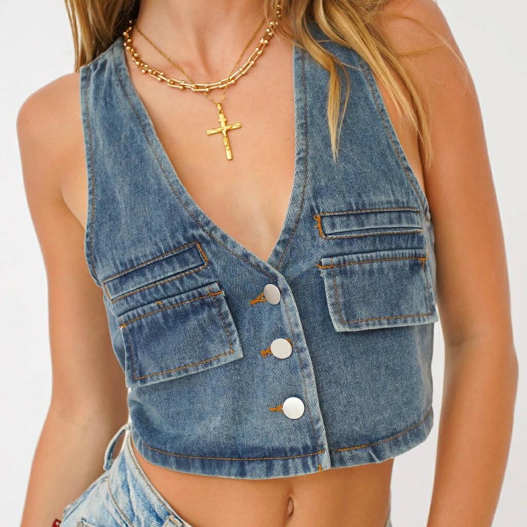 wsevypo Retro Sleeveless Denim Tank Tops 90s Vintage Women V-Neck Button down Crop Tops Grunge Streetwear Female Jean Vest 1