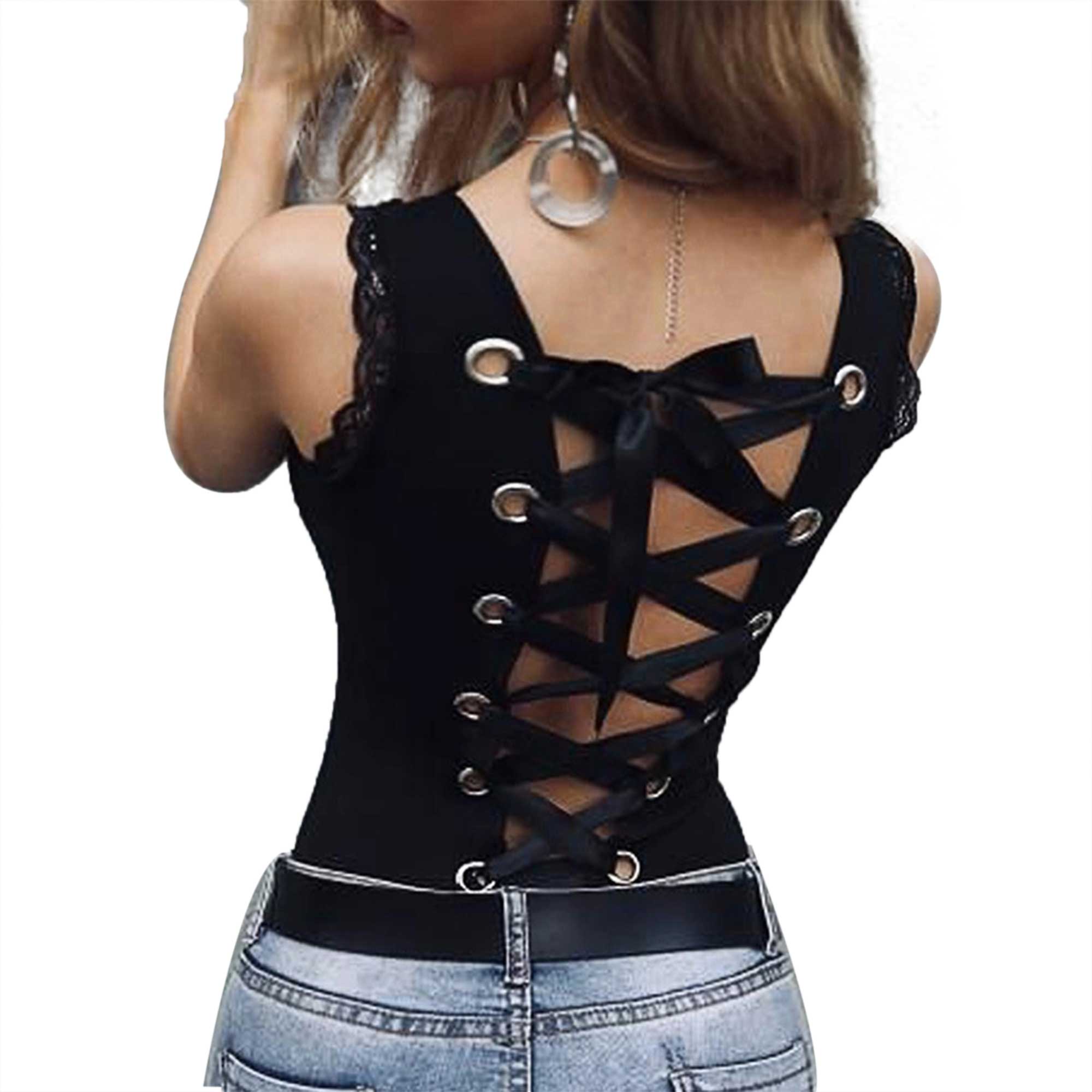 Hollow Out Camisoles for Women 2021 Fashion Sexy Backless Bandage Tank Tops Black Casual Slim Fit Top Female Sexy Lace Trim Vest 1