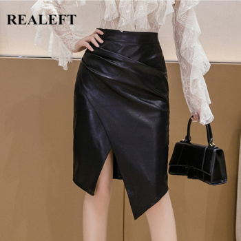 REALEFT 2020 New Women's PU Leather Skirt Fashion Office Ladies Irregualer High Waist Slim Midi Length Women's Skirts Female 1