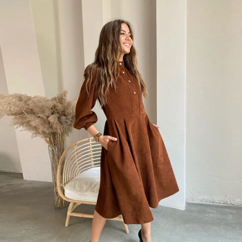 Women Corduroy Lantern Sleeve Casual Dress Stand Collar Button Folds Dresses Autumn Winter Vintage A-Line Party Midi Dress 2021 1