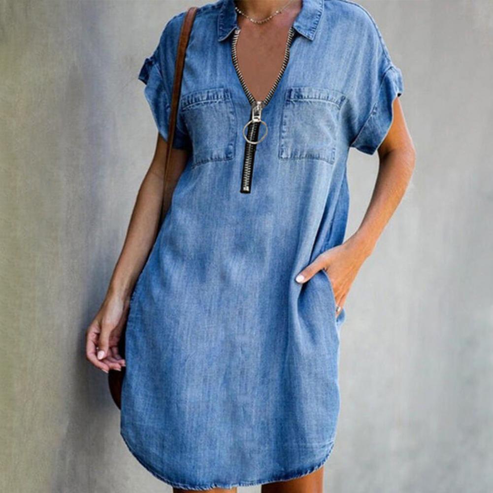 Women's Summer Turn Down Neck Blue Maxi Jeans Denim Shirt Dresses With Pockets Fashion Solid Short Sleeve Single-breasted Dress 1