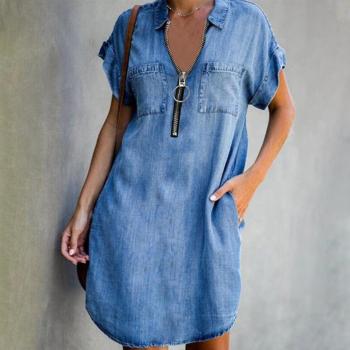 Women's Summer Turn Down Neck Blue Maxi Jeans Denim Shirt Dresses With Pockets Fashion Solid Short Sleeve Single-breasted Dress 1