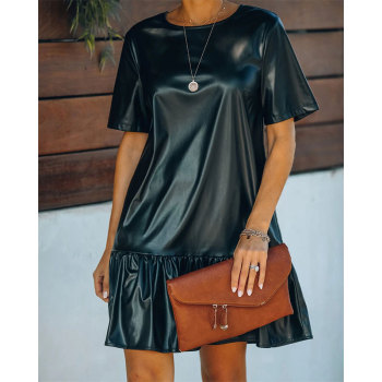 Women's Faux Leather Dress Office Lady Short Sleeve Loose Elegant Mini Dresses Korean Fashion Women Clothing Vestidos Robe 1