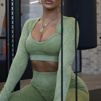 Ribbed Washed Seamless Yoga Green Brat Fitness Wear Gym Suit Sport Sets Clothes 2