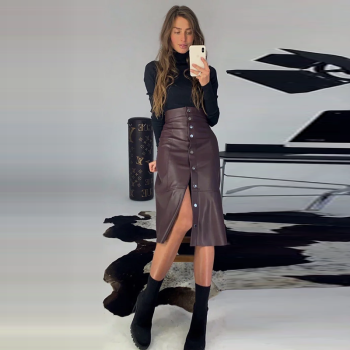 Elegant High Waist PU Leather Skirt Women Button A Line Split Skirts Solid Casual Mid-Calf Skirts Autumn Winter Clothes New 2021 1