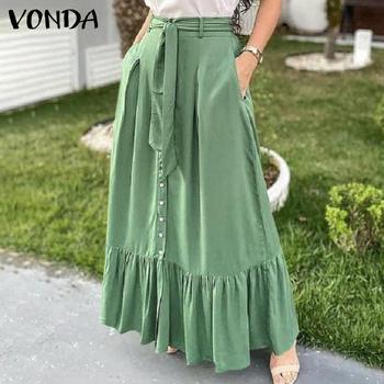 Denim Skirt VONDA 2022 Women Casual Button Up Ruffled Hem Solid Pleated Long Maxi Skirts Femme Solid Streetwears Oversized 3