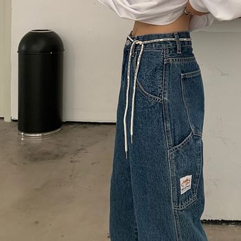 Goth Pocket Grunge Jeans Women Streetwear Casual Baggy Y2k Aesthetic Straight Denim Trouser High Waisted Jeans Loose Cargo Pants 6