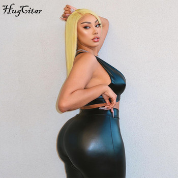 Hugcitar 2020 Sleeveless Solid Pu Leather Backless Bra Top Leggings 2 Pieces Set Autumn Winter Women Sexy Streetwear Tracksuit 3