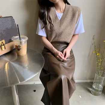 Seoulish Autumn Winter 2021 New PU Leather Women's Long Skirt High Wasit Skirt Female Straight Side Split A-line Pencil Skirts 5