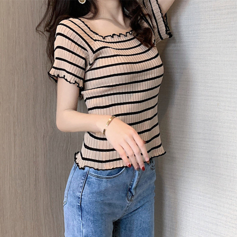 Women Tees Stripes Knitted T-Shirts Flounce Hem Short Sleeve Tees Off shoulder T-Shirts Women 2020 Summer harajuku y2k shirts 2