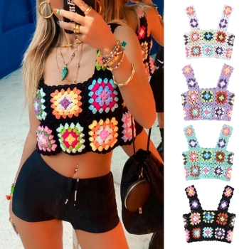 2022 New  Women Summer Crochet Tank Top Multicolor Floral Plaid Knit Vest Sexy Square Neck Slim Beach Sleeveless Cropped Shirts 1
