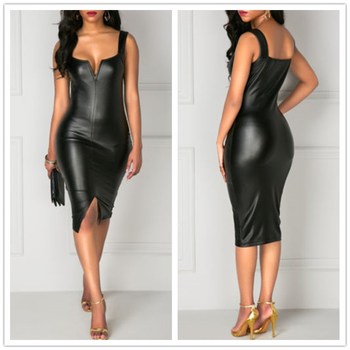 Fashion Casual Women Sheath Holiday PU Leather Bandage Bodycon Front Split Sleeveless Club Party Summer Short Mini Dress Black 2