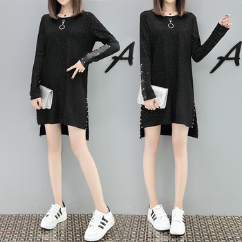 Large Size Women Black T shirt Dress Autumn 2022 Streetwear Style Fashion Long Sleeve Patchwork PU Leather Rivet Dresses 4