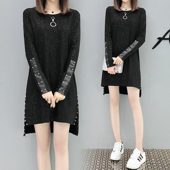 Large Size Women Black T shirt Dress Autumn 2022 Streetwear Style Fashion Long Sleeve Patchwork PU Leather Rivet Dresses 2