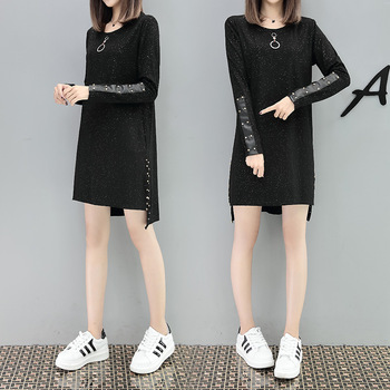 Large Size Women Black T shirt Dress Autumn 2022 Streetwear Style Fashion Long Sleeve Patchwork PU Leather Rivet Dresses 5