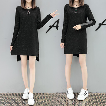 Large Size Women Black T shirt Dress Autumn 2022 Streetwear Style Fashion Long Sleeve Patchwork PU Leather Rivet Dresses 3